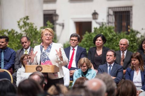 Chilean President Michelle Bachelet announces new marine protected areas as Oceana's Liesbeth van der Meer and others look on Oceana