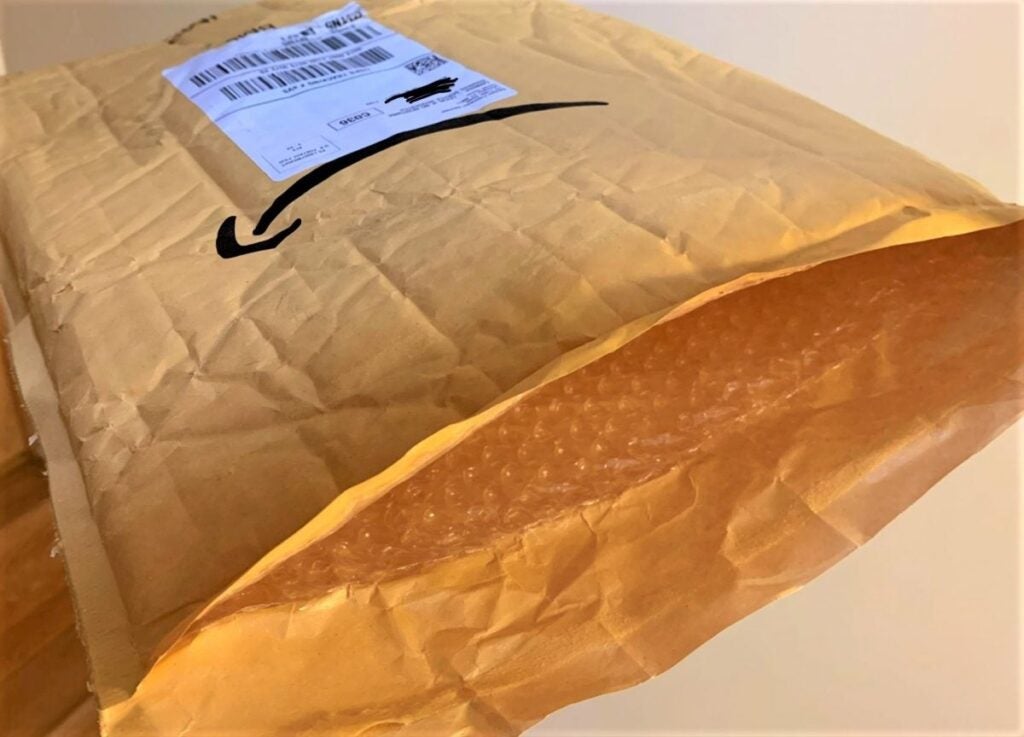 <i>Photo Credit: Jonathan Frank</i> A padded paper Amazon packaging bag