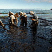 People cleaning up an oil spill