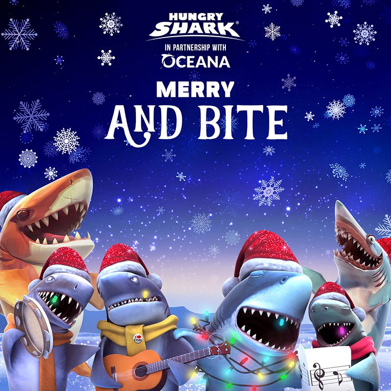 Hungry Shark in partnership with Oceana. Merry and Bite.